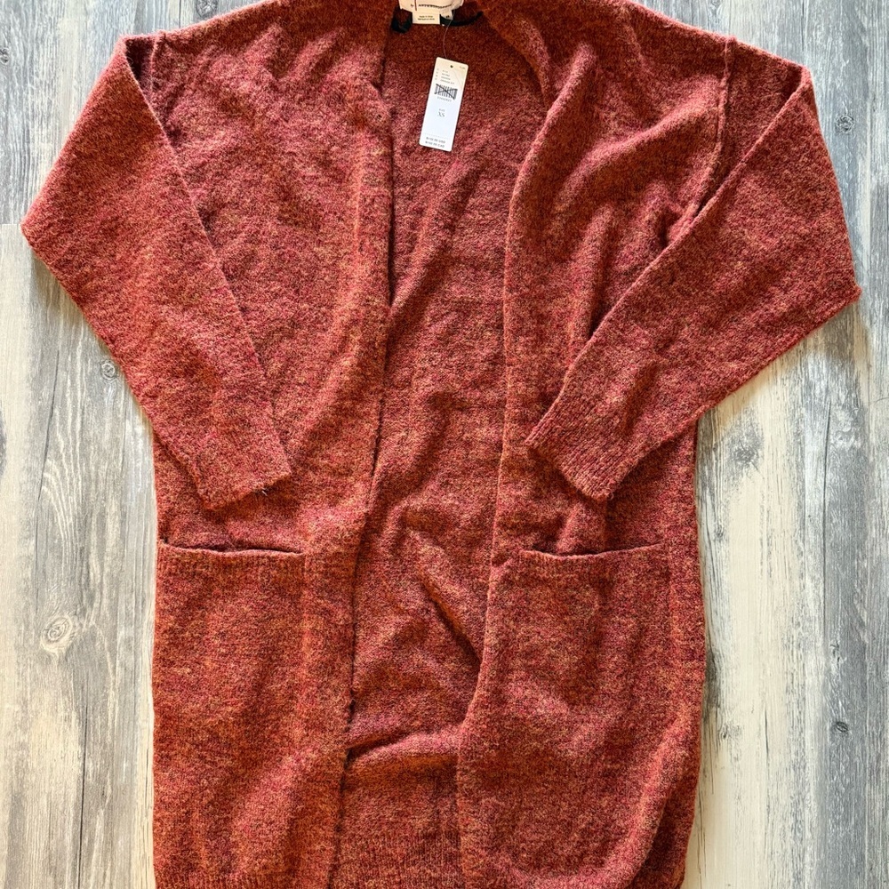 Anthropologie Long Open-Front Cardigan in Heathered Rust Red